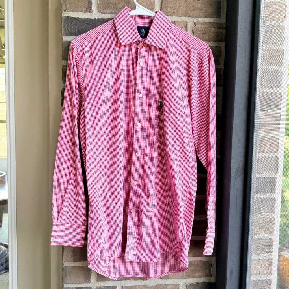 US Polo Assn Mens Red White Gingham Button Down Shirt Regular Fit 14 1/2 32/33